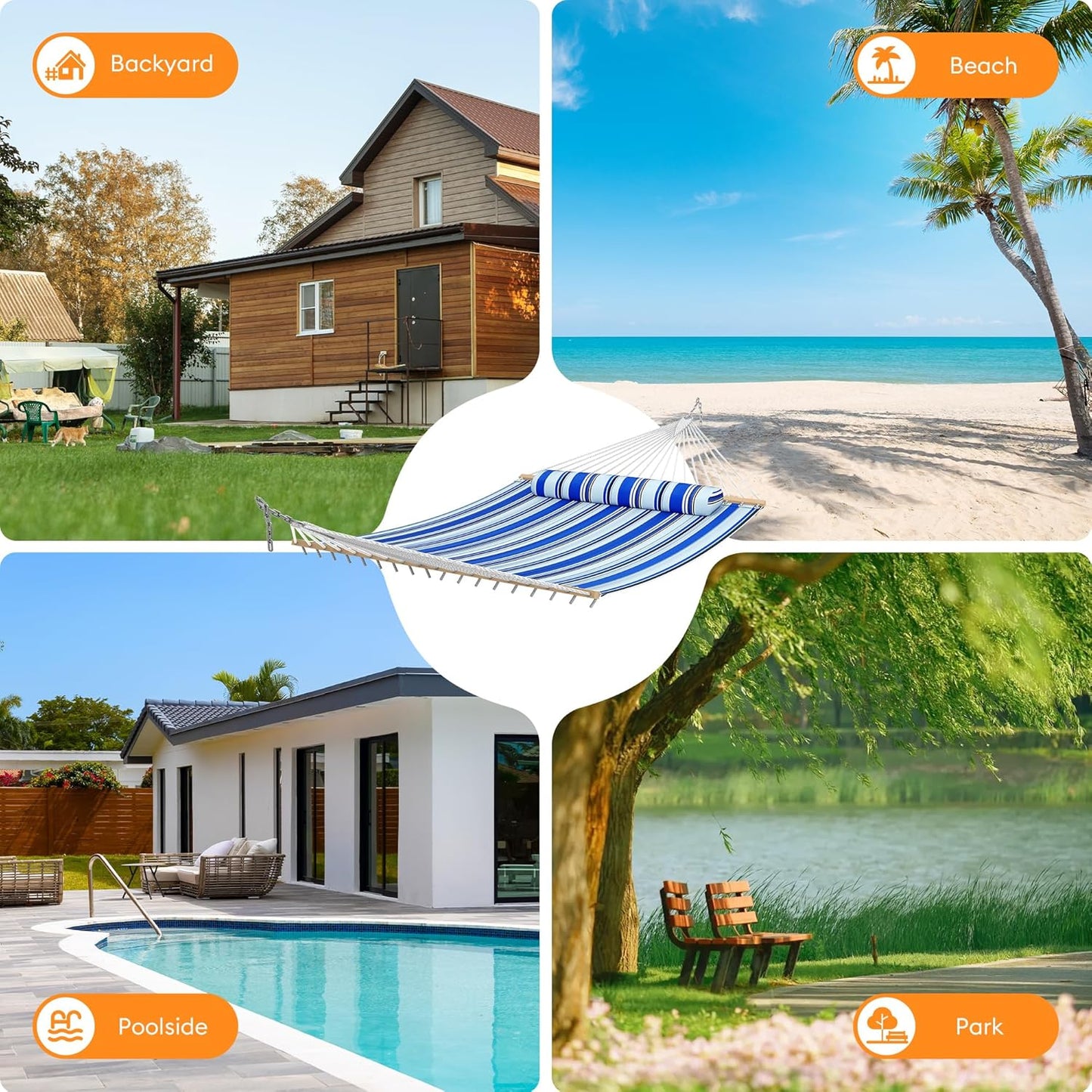 Double Hammock with Spreader Bar,Soft Pillow,Max Load 500lbs,Portable Hammock for Outdoor,Camping,and Backyard,Blue