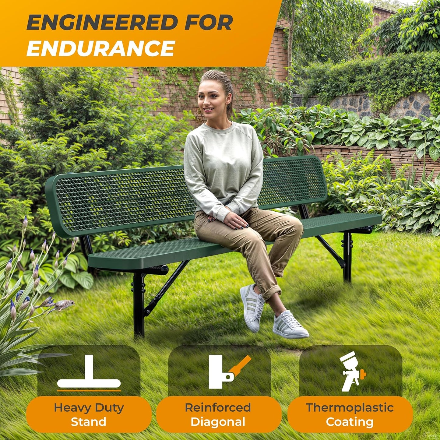 Heavy-Duty Outdoor Metal Bench, Thermoplastic-Coated, Inground, Weatherproof, Commercial-Grade for Parks, Gardens, Patios, Stores & More (8 Ft - Inground with Back, Green)