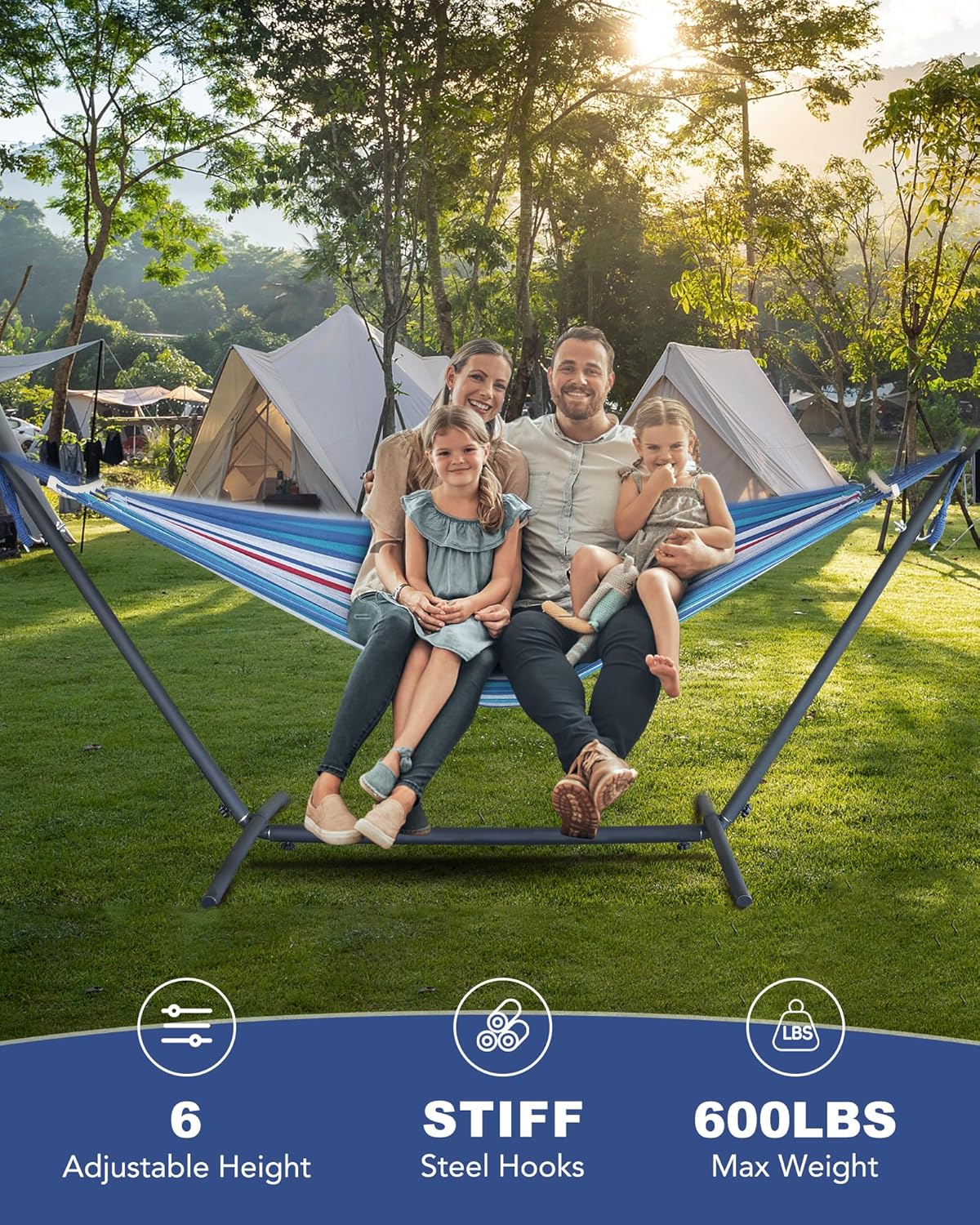 Double Hammock with Heavy-Duty Steel Stand,Portable,Easy Assembly,600lbs Weight Capacity,Suit for Indoor,Yard,Camping,or Outdoor-Fine Blue