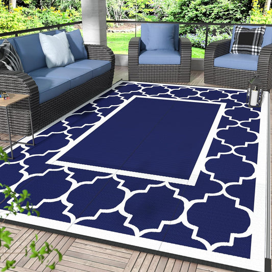 GENIMO 6' x 9' Outdoor Rug Waterproof for Patio Decor, Foldable Reversible Plastic Straw Area Rugs Mat for Camper, Outside Carpet for Rv, Deck, Porch, Picnic, Beach, Balcony, Blue & Grey