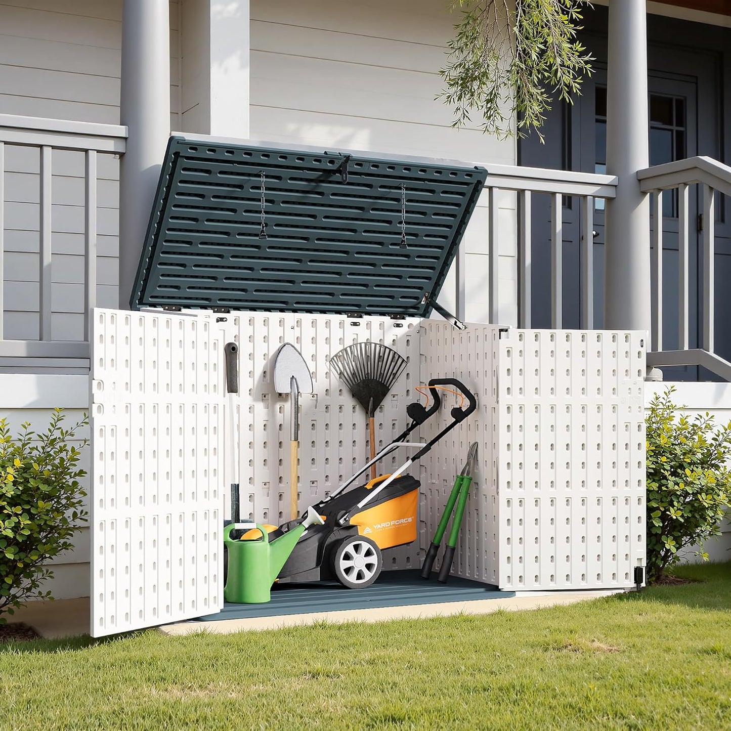 Greesum Outdoor Resin Storage Shed, 34 Cu.ft Horizontal Outdoor Storage Box Waterproof for Garden, Pool Storage, Garbage Cans, Beige