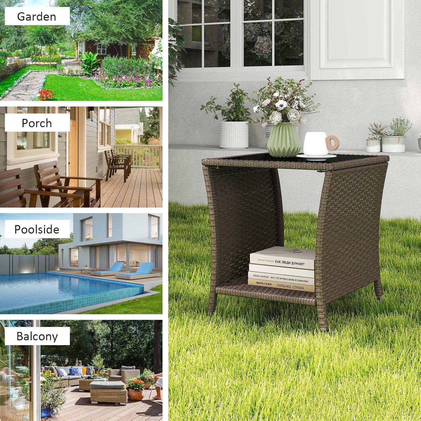 Outdoor Small Patio Table - PE Rattan Coffee Table, Wicker Side Table for Patio, Balcony & Porch, Durable & Iron Frame (2, Sesame)