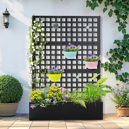 Metal Raised Garden Bed with Trellis, 2 in 1 Trellis with Planter Box & Privacy Screen for Climbing Plants, Vine, Outdoor Standing Flower Beds with Drainage Holes, 47.2"L x 16.7"W x 70.8"H, Black