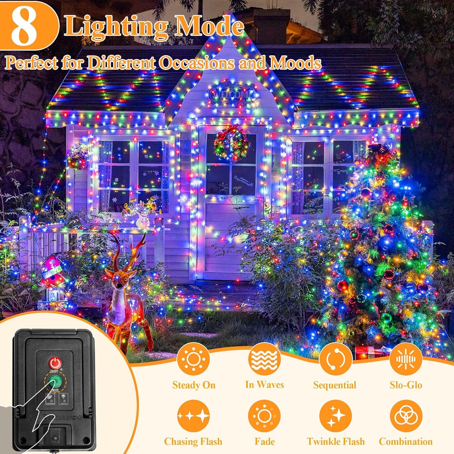 2 Pack Solar String Lights Total 480LED 158FT, IP67 Waterproof Solar Lights for Outside with 8 Modes, Upgraded Solar Panel Fairy Lights for Garden Party Wedding Decorations (Cool White)