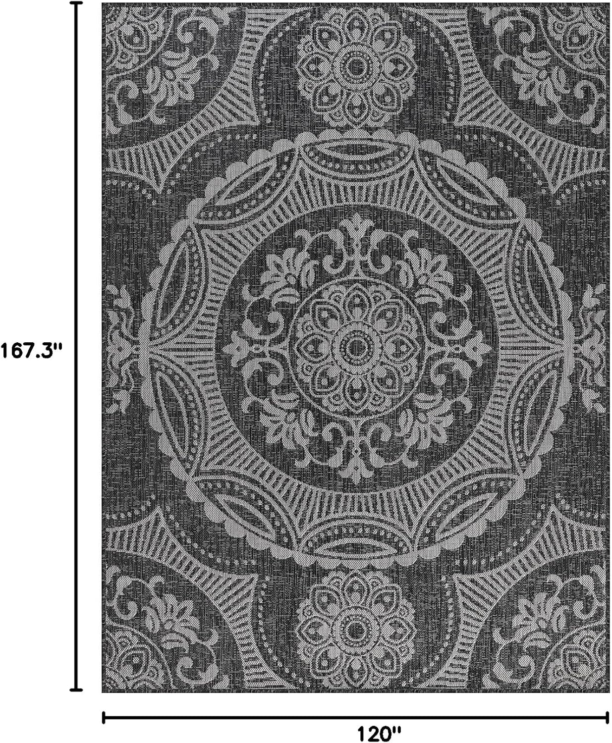 Medallion Outdoor Rug 10x14 Washable Outside Carpet for Indoor Patio Porch Waterproof Easy Cleaning Non Shedding Area Rugs Dark Gray 10 x 14