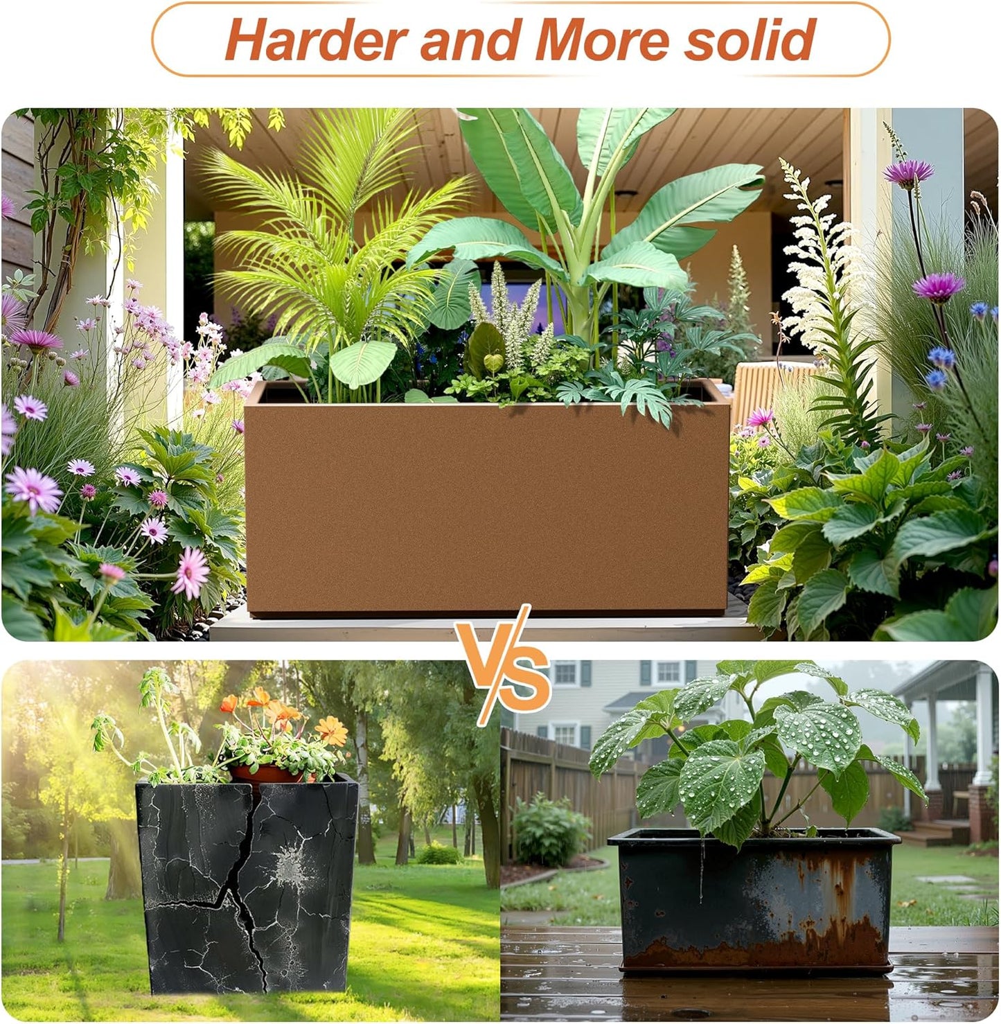 Metal Rectangular Planter for Outdoor Plants, Coated Large Planter Box with Drainage, Outdoor Patio PLanters with Sturdy Thickened Material for Yard, Garden
