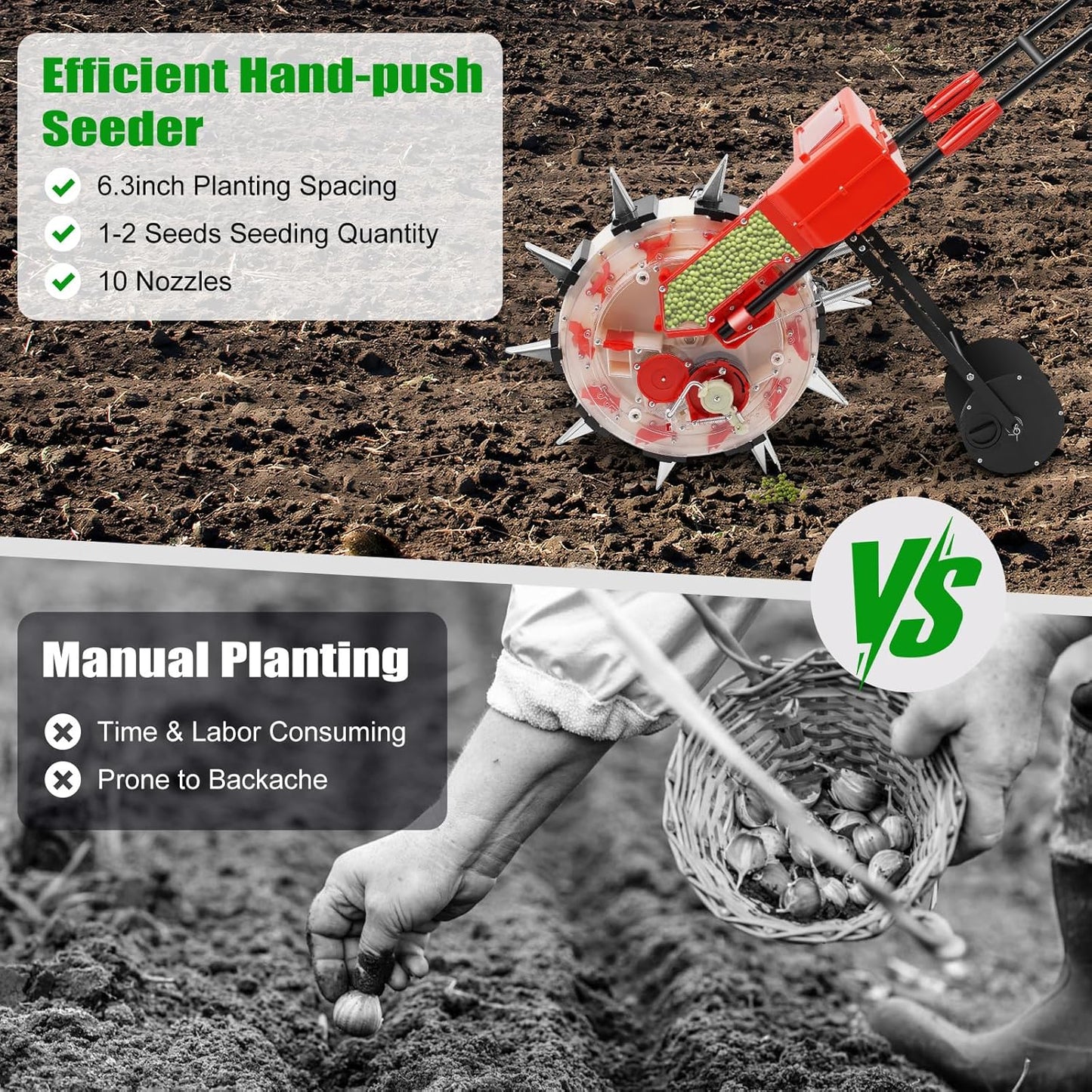 Hand-Push Roller Seeder, Manual Seeder Planter, Single-Port Garden Seeder for Soy Peanut Corn Cotton Soybean, Sowing Depth 1.38-3.07in, Planting Spacing 6.3in, 1-2 Seeds, 10 Nozzles