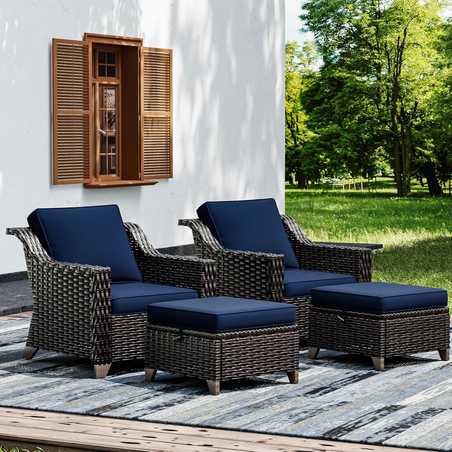 Joyside Wicker Patio Furniture Sets, 4 Pieces Upgraded Large Size Outdoor Furniture with Patio Dining Chairs and Outdoor Ottoman, Thick Cushions, Wide Armrest