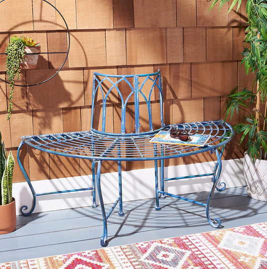 SAFAVIEH PAT5018C Outdoor Collection Abia Antique Blue Wrought Iron 50-inch Tree Bench