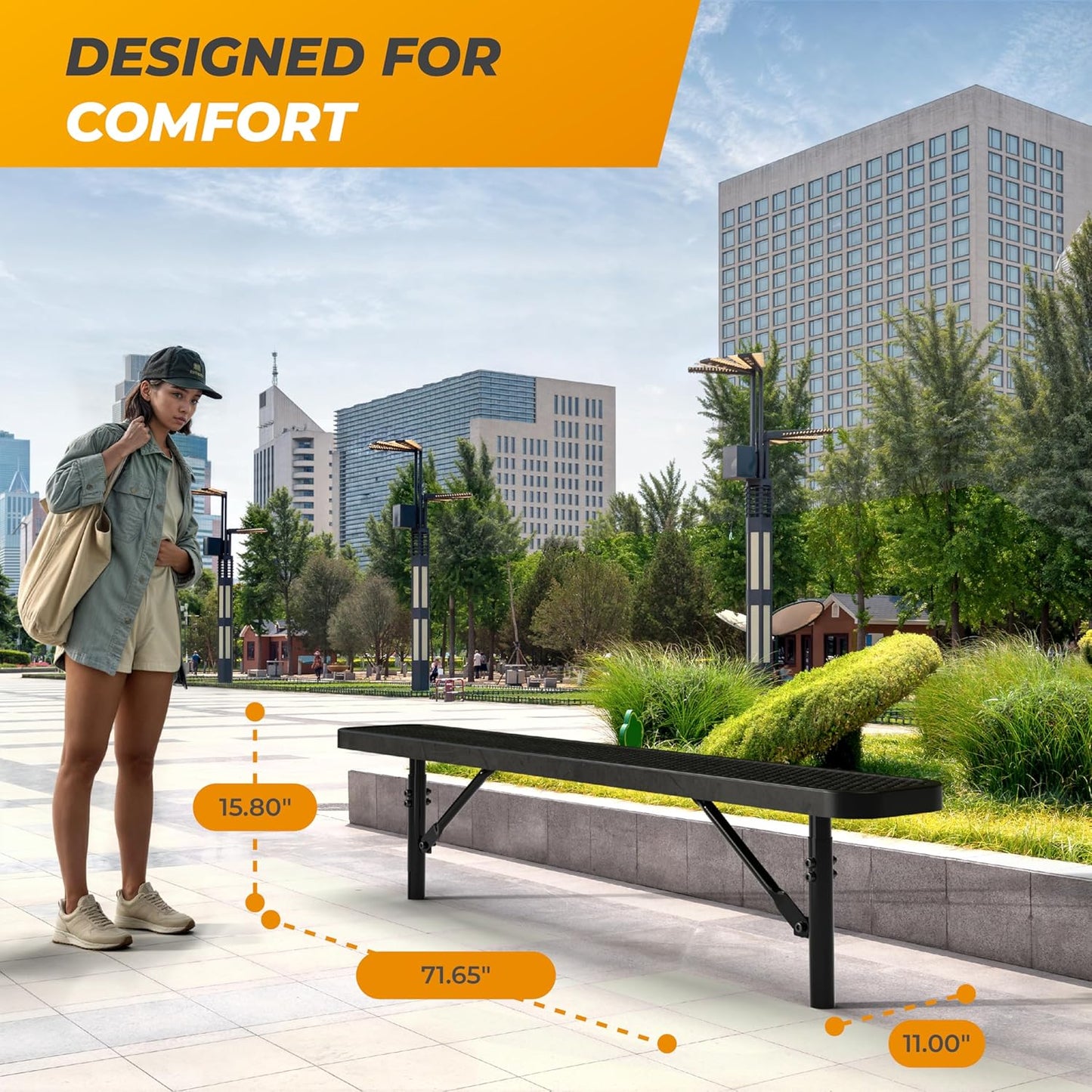 Heavy-Duty Outdoor Metal Bench, Thermoplastic-Coated, Inground, Weatherproof, Commercial-Grade for Parks, Gardens, Patios, Stores & More (6 Ft - Inground, Black)