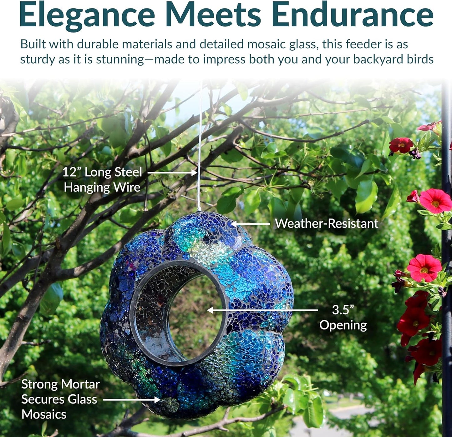 Sunnydaze 10-Inch Glass Mosaic Hanging Bird Feeder for Outdoors - Fly-Through Wild Bird Feeder - Indigo Flower Mosaic