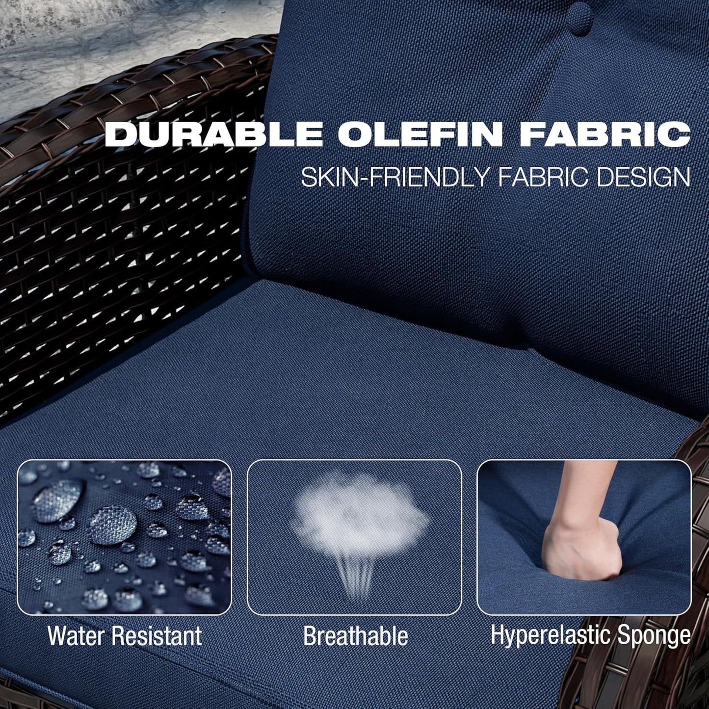 Joyside Outdoor Swivel Rocker Chairs, 3 Piece Wicker Patio Set with Thick Cushion and Side Table, Rattan Patio Swivel Rocking Chairs for Porch, Deck Use (Brown/Blue, 3 PCS)