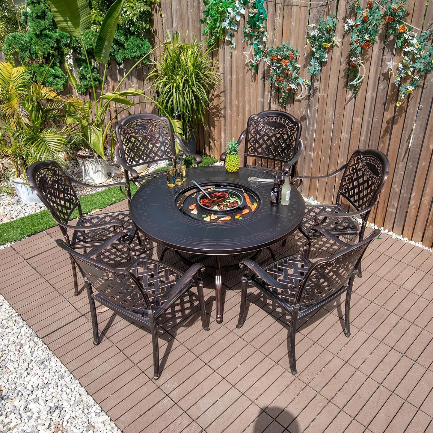 Outdoor Dining Chair Cast Aluminum Patio Chairs Set of 2 All-Weather Patio Dining Chair with Adjustable Feet for Backyard Garden (Slanted Grid Square Chair)