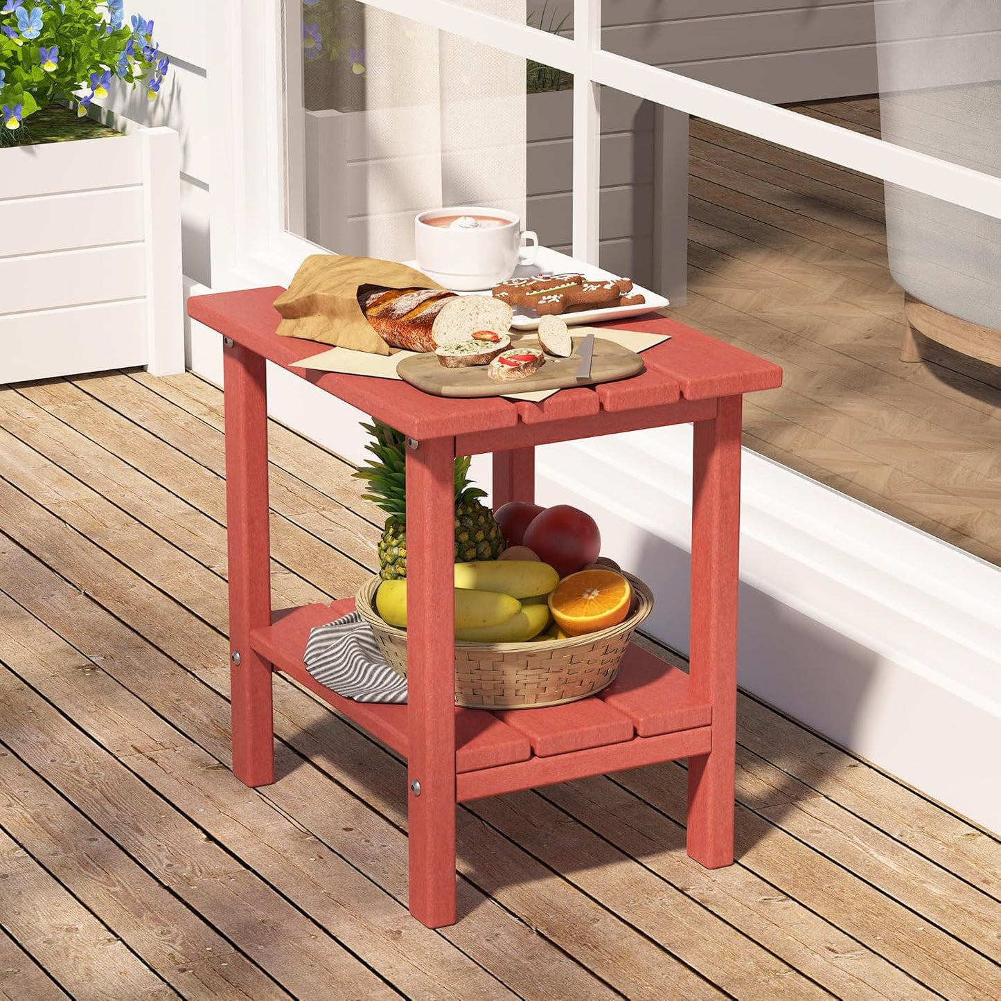 Outdoor Side Table, Weather Resistant HDPE Outdoor Table, 2-Tier Small Patio Tables for Outside or Indoor (Red)