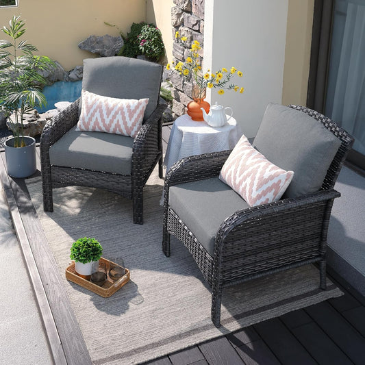 ovios 2 Pieces Patio Furniture Set, Outdoor Wicker Chairs of 2, All Weather High Back Rattan Chairs 2-Seater with Comfy Cushions for Porch Deck, Dark Grey