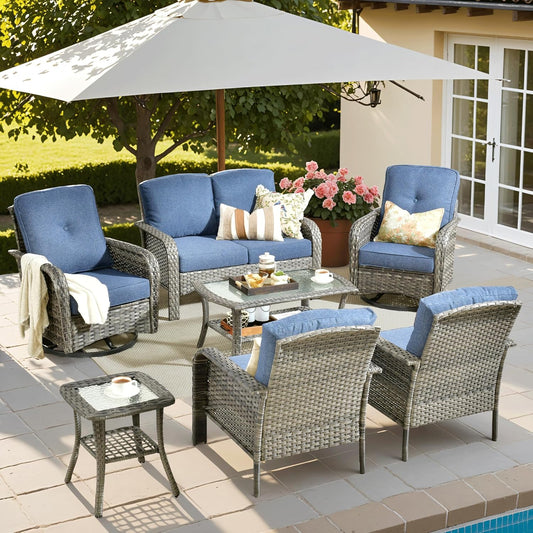 ovios 7 Pieces Patio Furniture Set, Outdoor Wicker Sofa with Swivel Chairs, Coffee Table, All Weather High Back Rattan Loveseat Couch with Comfy Cushions, Denim Blue