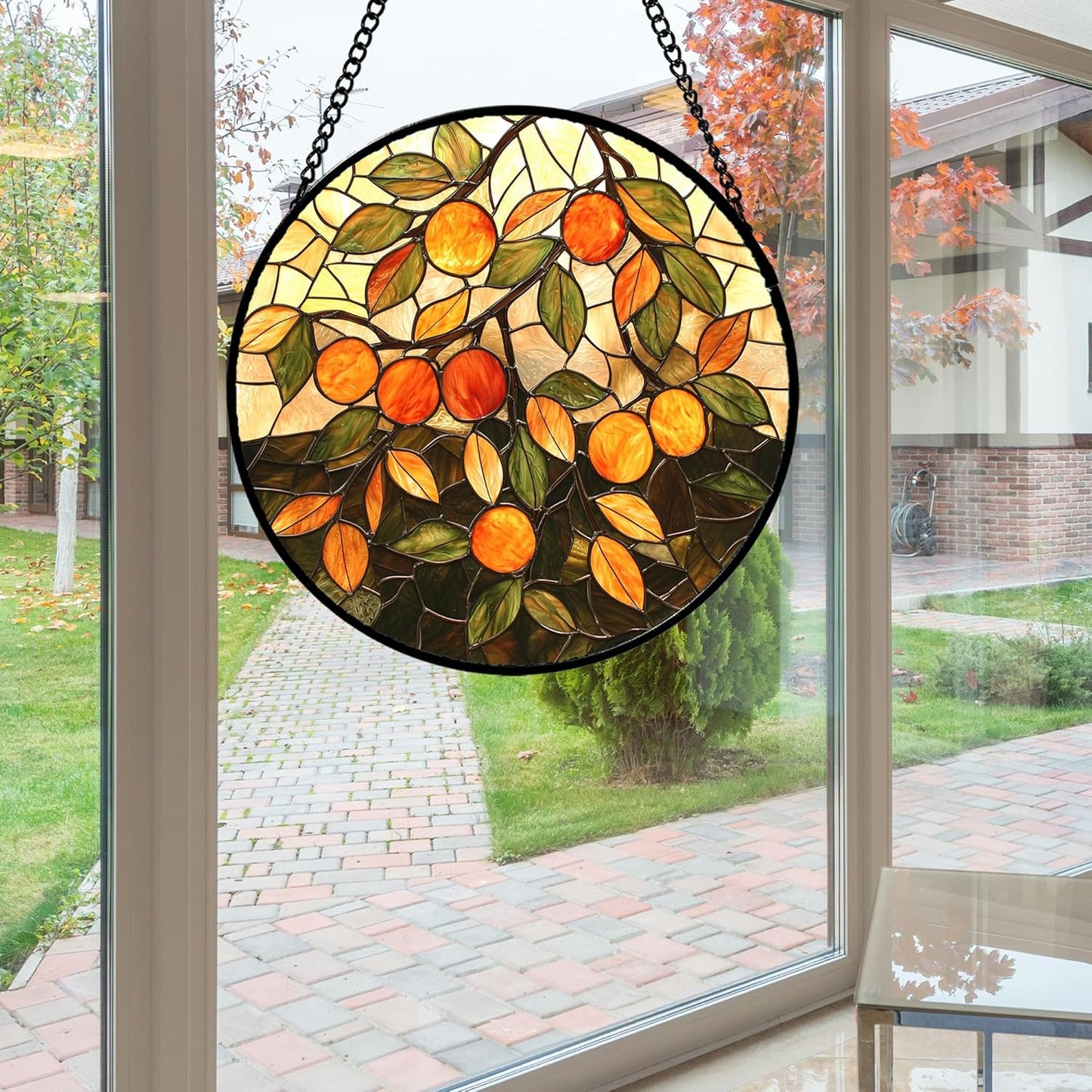 Stained Glass Suncatcher, Orange Green Fruit Tree Sun Catcher Landscape Stain Glass Window Hanging Decoration Mother's Day Birthday Gifts for Women Men Mom Nana 9.8 in
