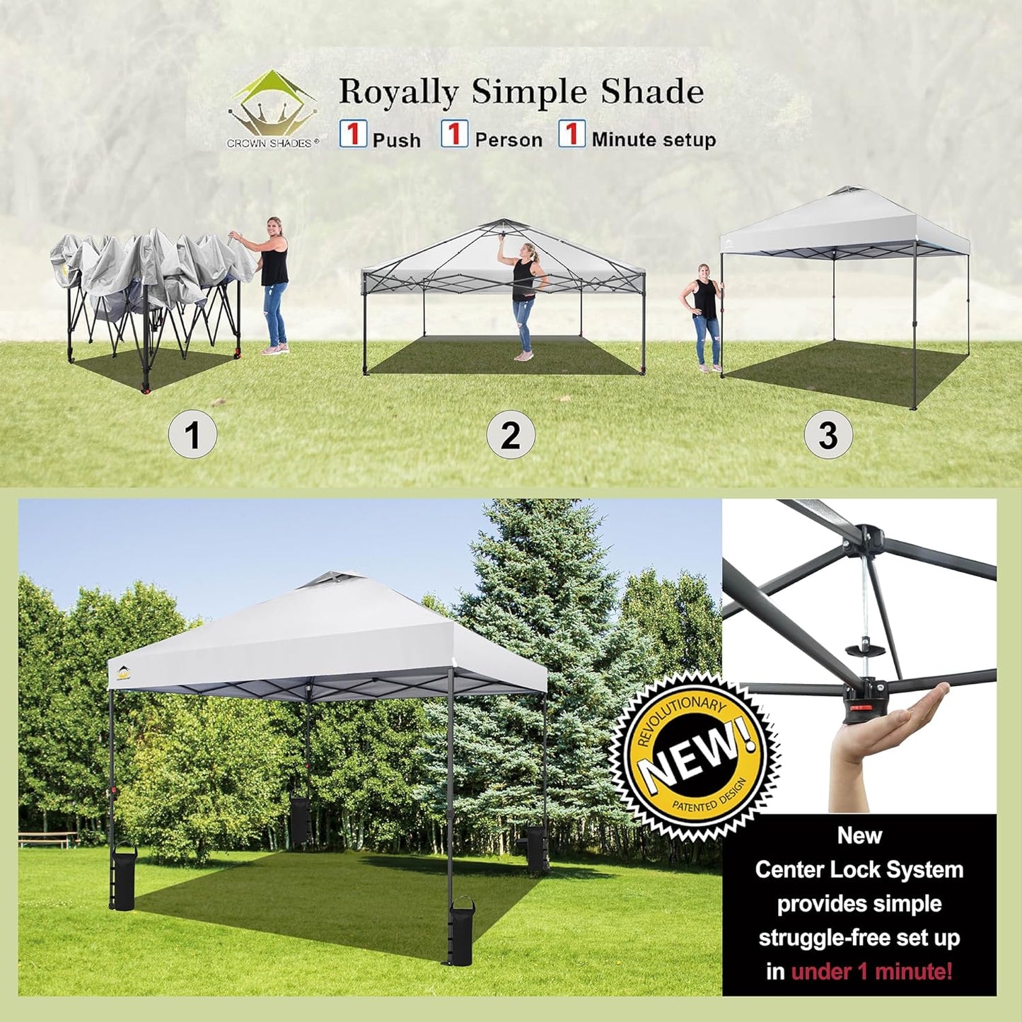 CROWN SHADES 10x10 Pop Up Canopy - Patented Center Lock One Push Instant Outdoor Canopy Beach Tent with STO-N-Go Bag 8 Stakes & 4 Sand Bags，White