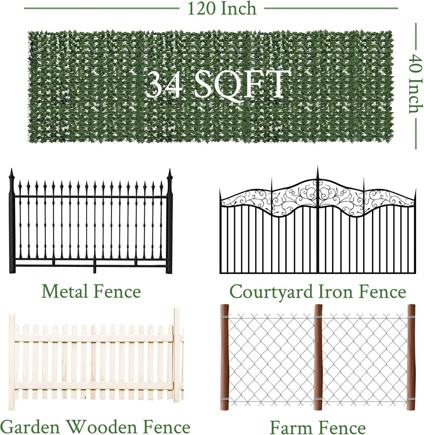 Artificial Ivy Privacy Fence Screen:120 "x 40" (34 Sqft) Anti-Ultraviolet Artificial Hedge Grass Wall, Used for Indoor and Outdoor Green Background, Garden Greening Decoration