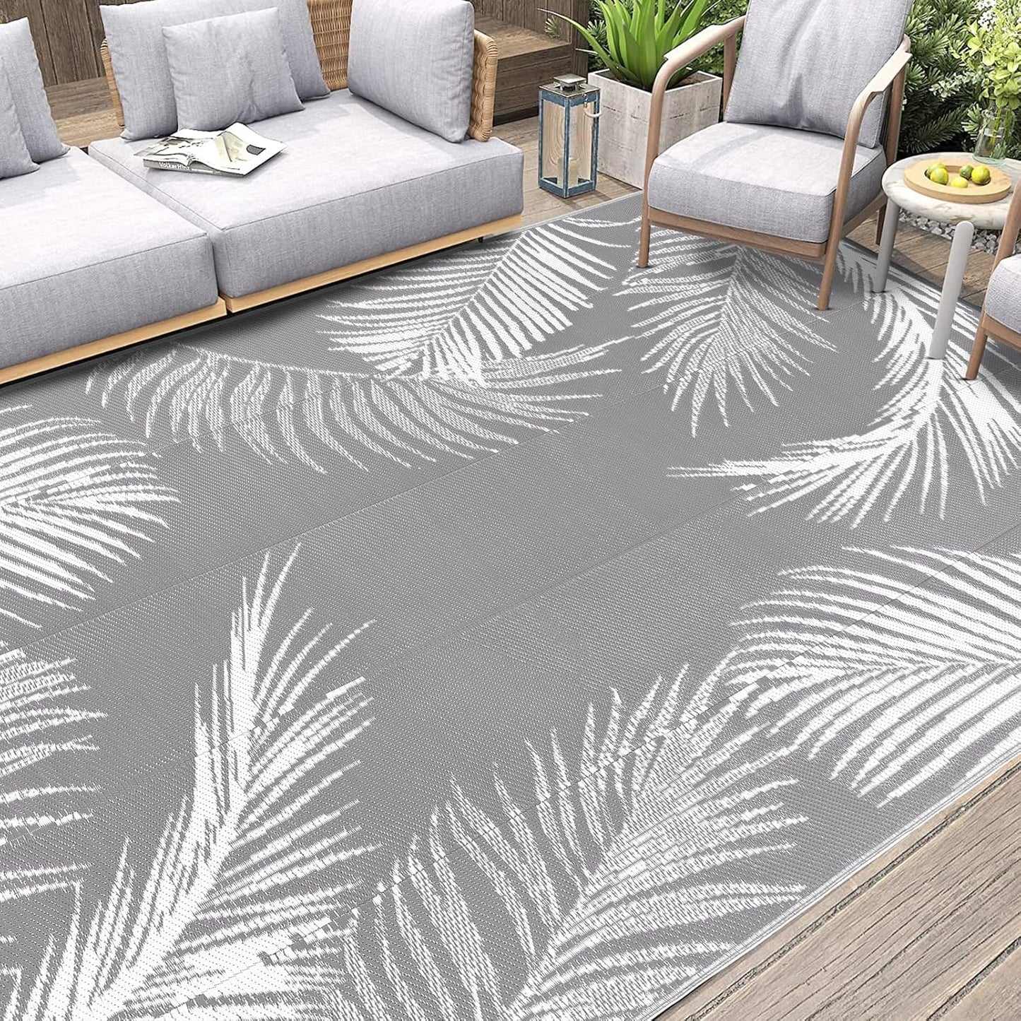 Pauwer Outdoor Rug, 6'x9', Leaf Grey, Reversible, Waterproof, Polypropylene, Lightweight, RV Mat, Patio Decor