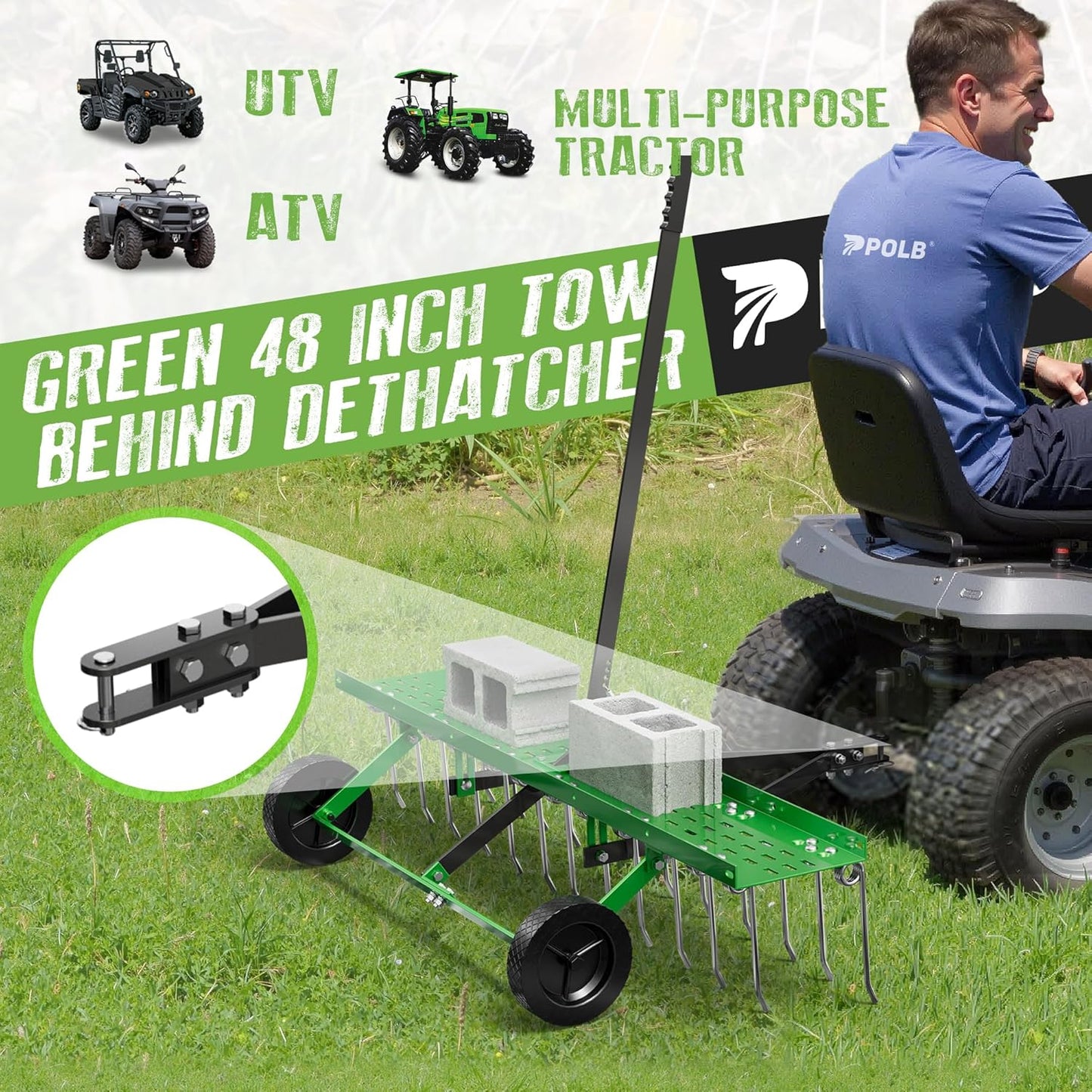 48" Tow-Behind Dethatcher with 24 Spring Steel Tines, Pull Behind Lawn Tractor Mower Grass Rake for Yard, Garden, and Farm Care – Removes Thatch, Leaves, and Pine Needles-Green
