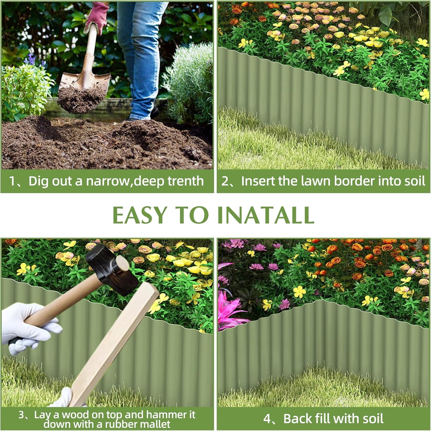 Metal Garden Edging Border, Corrugated Steel Landscaping, DIY for Lawn (Green, 8 Inch x 10FT)