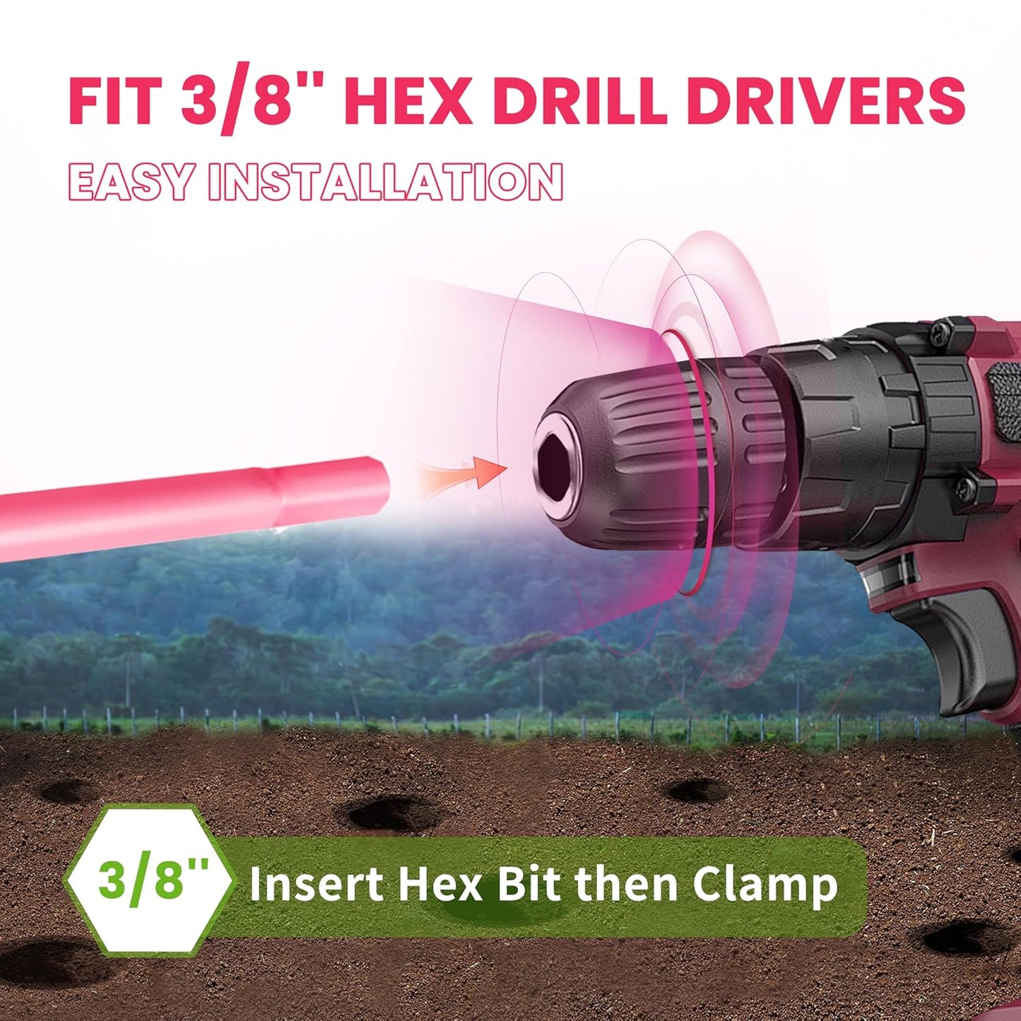 2x32 Inch Pink Long Handle Auger Drill Bit for Planting - Garden Tools Auger Drill Bit, Spiral Garden Auger for Planting Bulbs and Flowers