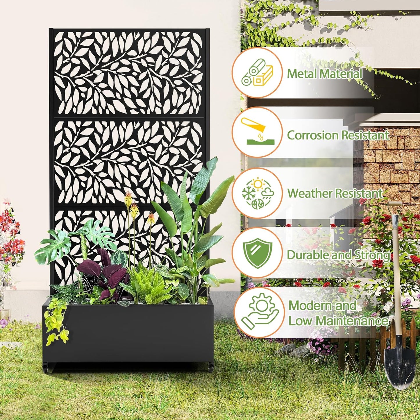 Raised Garden Bed with Trellis and Wheels,73"x35"x16" Metal Raised Garden Bed,Black Flowing Leaf-2 Metal Planter with Climbing Trellis for Vines & Vegetables