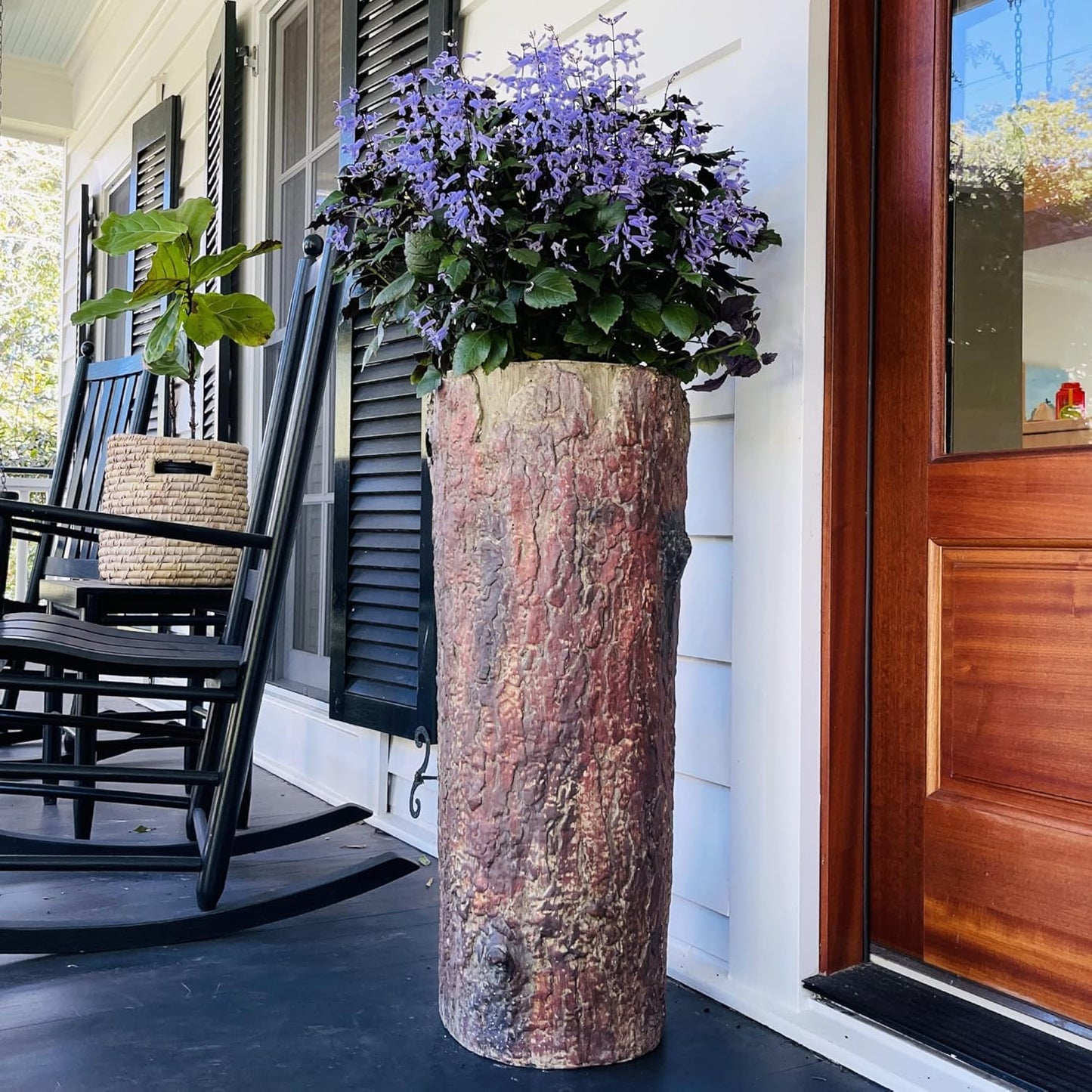 Farmhouse Porch and Patio Planter. Tall Country Vintage Plant and Flower Stand. Large Outdoor Deck and Garden Unique Rustic Log Pot Decor.