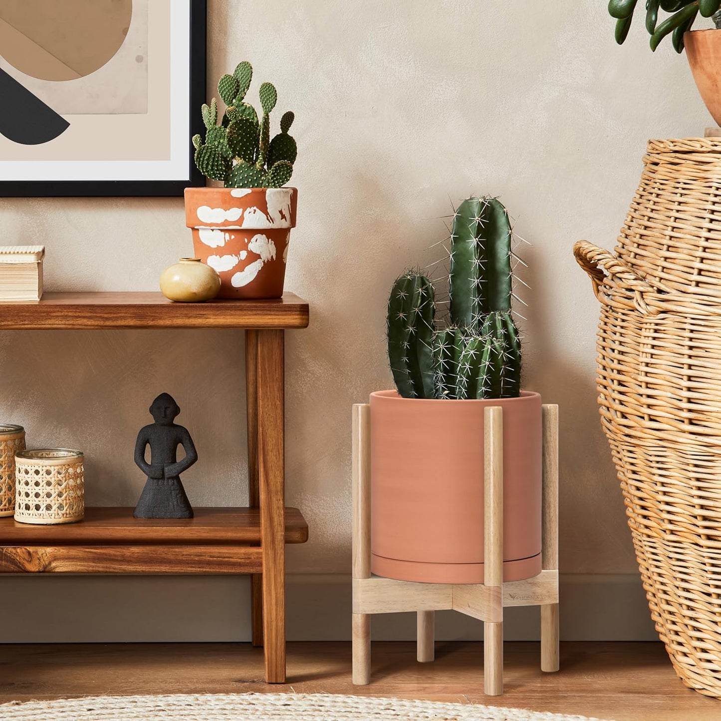 D'vine Dev Terracotta Planter with Natural Stand - 10 Inch Modern Round Flower Pot with Wood Planter Holder, Terracotta, 55-B-K-5