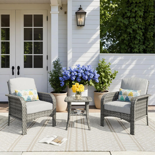 HOOOWOOO Patio Furniture Set,3 Pieces Outdoor Conversation Set,All Weather Wicker Bistro Set Yard Porch High Back Chairs Side Table,Light Gray