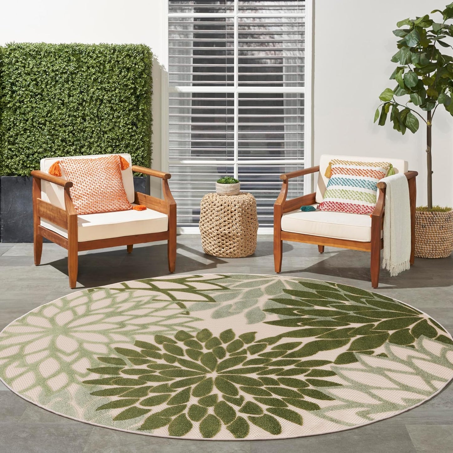 Nourison Home Aloha Indoor/Outdoor Ivory Green 5'3" x Round Area Rug, Easy Cleaning, Non-Shedding, Bed Room, Living Room, Dining Room, Backyard, Patio, Deck (5 Round)