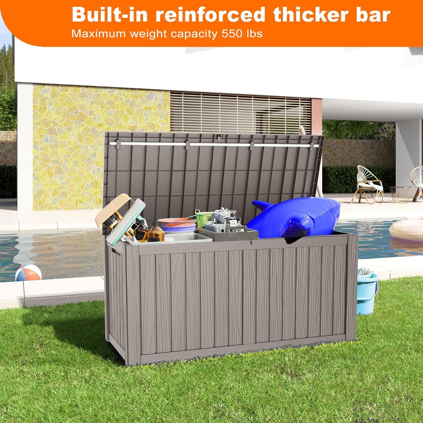 150 Gallon Resin Deck Box, Lockable Patio Outdoor Storage Box for Furniture, Garden Tools and Tools Storage, Waterproof Outside Storage Boxes - Grey