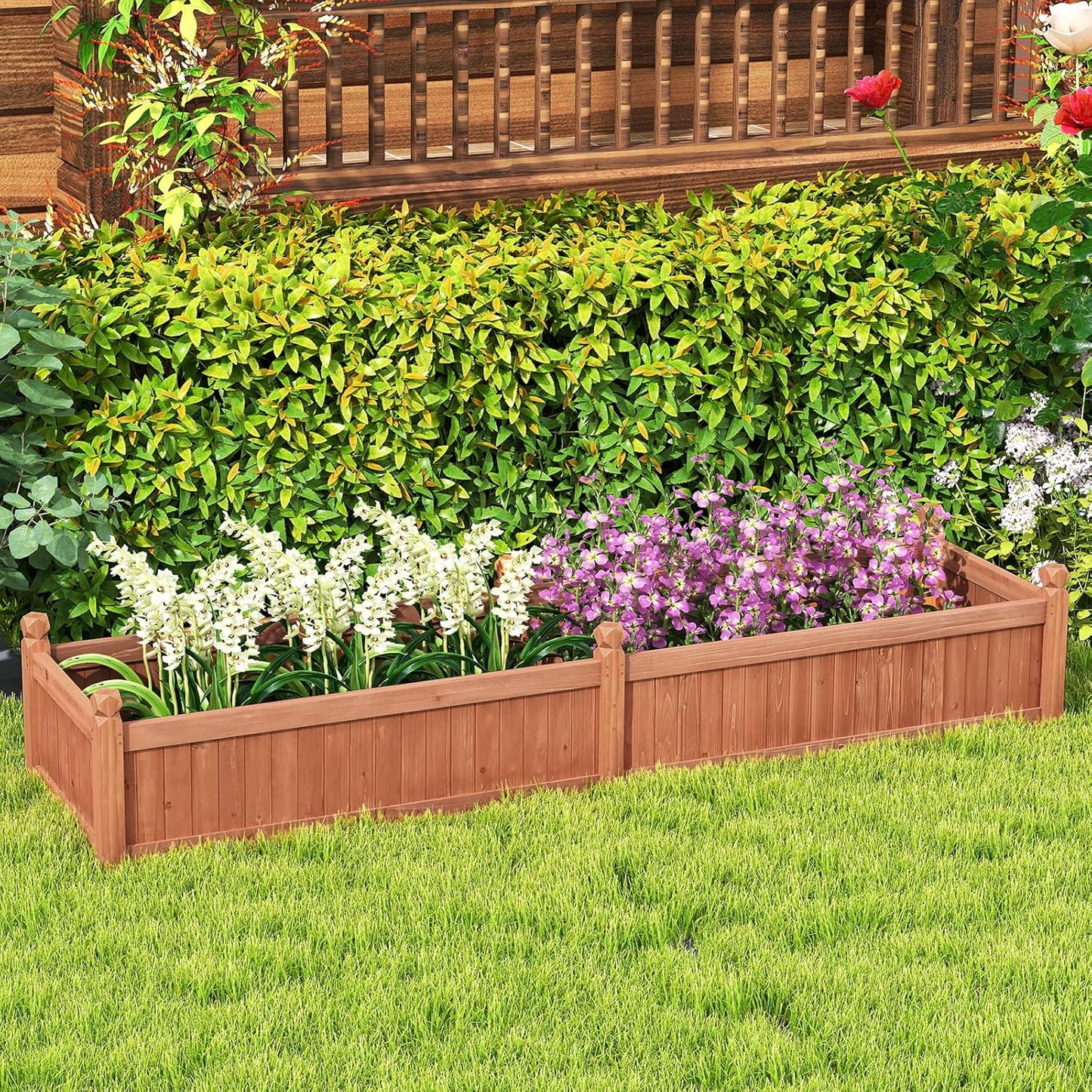 Giantex Wood Raised Garden Bed, Planting Bed with Corner Drainage, Non-Woven Liner for Growing Vegetables, Flowers, Herbs, Fruits, 89”x23.5”x16” Divisible Planter Box for Backyard, Garden, Lawn