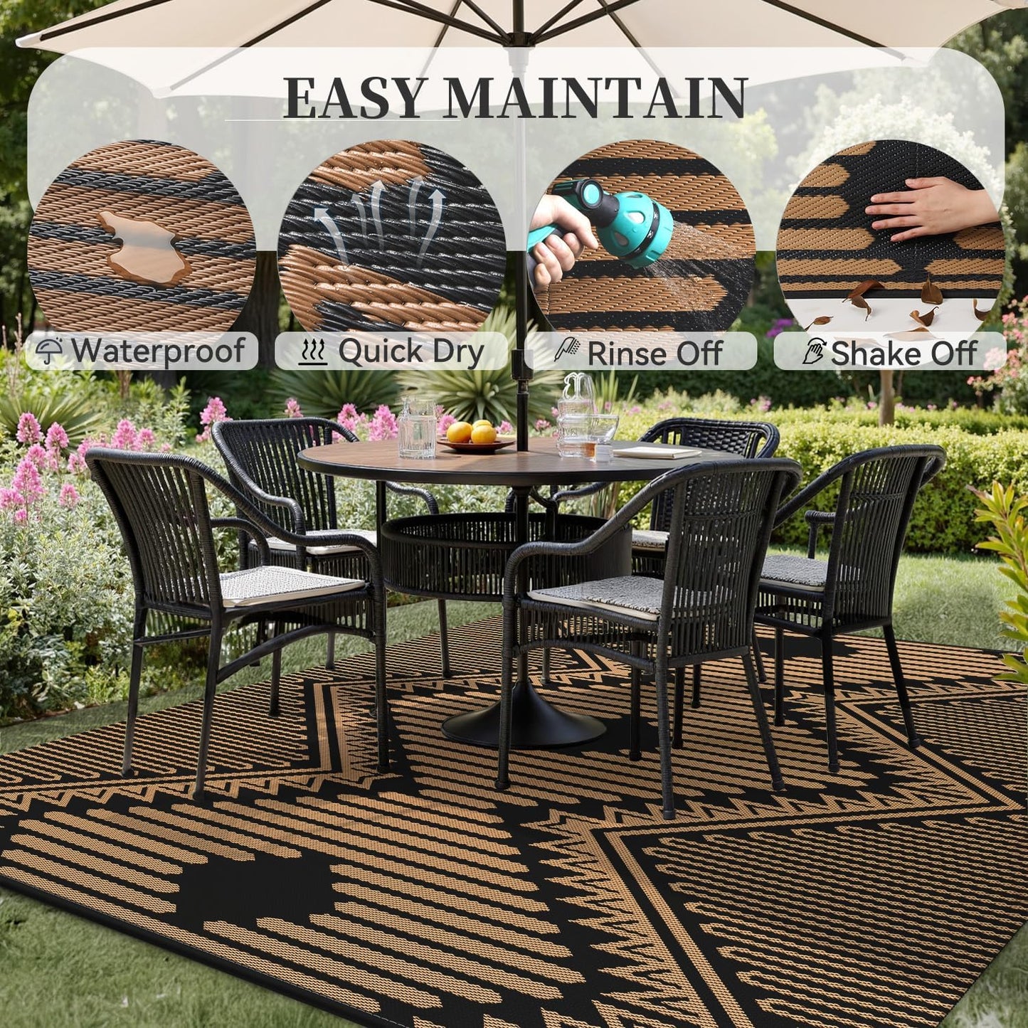 MontVoo Outdoor Rug-Waterproof Camping Rug Patio Rug Mat 6x9 Reversible Plastic Straw Outside Outdoor Rug for RV Camping Picnic Balcony Backyard Pool Deck Porch Modern Boho Black Brown