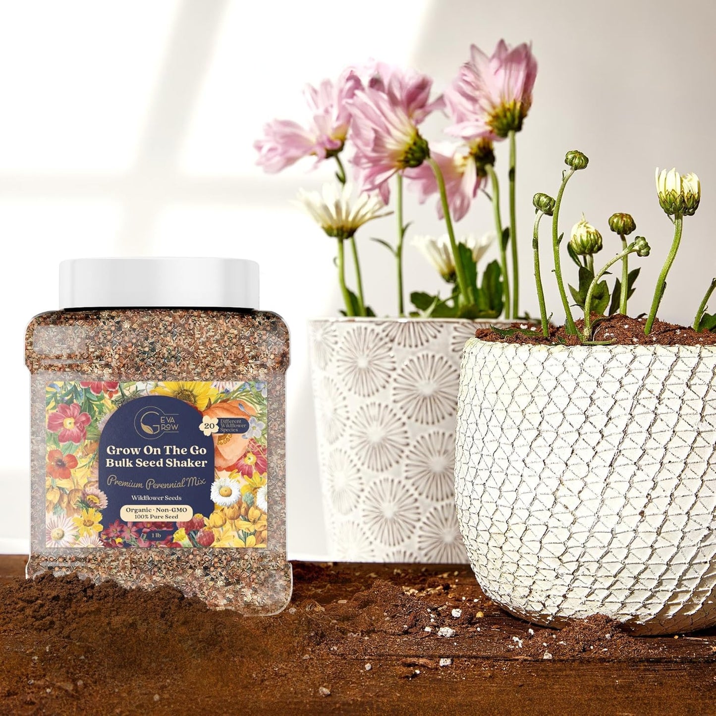Bulk Wildflower Seed Shaker – Perennial Flower Seeds Mix to Plant Anywhere, by Geva Grow | 20 - Different Type Beautiful Perennial Wildflower Seeds Bulk 900,000+ Seeds, 1 Pound Tub