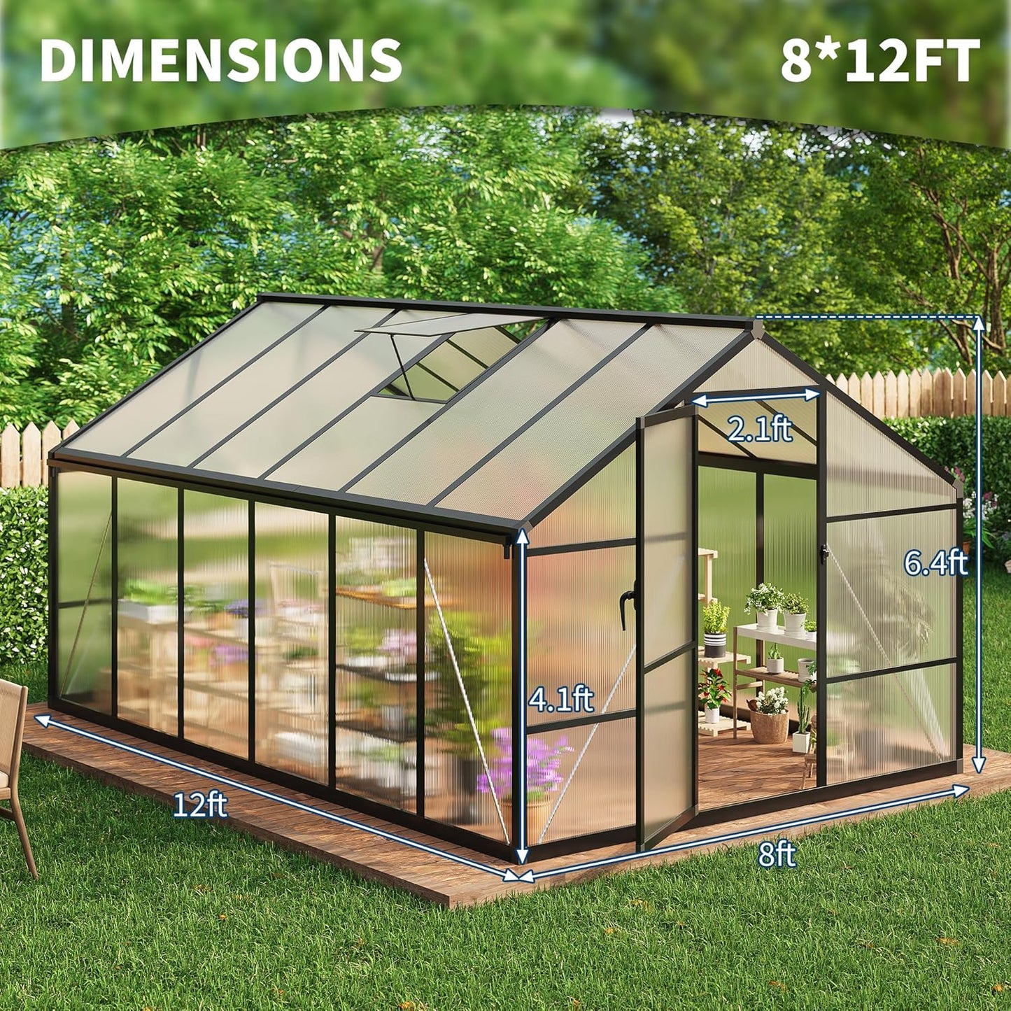 8x12 FT Greenhouse for Outdoors, Polycarbonate Flower Greenhouse with Roof Vent, Push-Pull Lockable Door, Aluminum Walk-in Greenhouses for Outside Garden Backyard, Patio, Lawn, Black