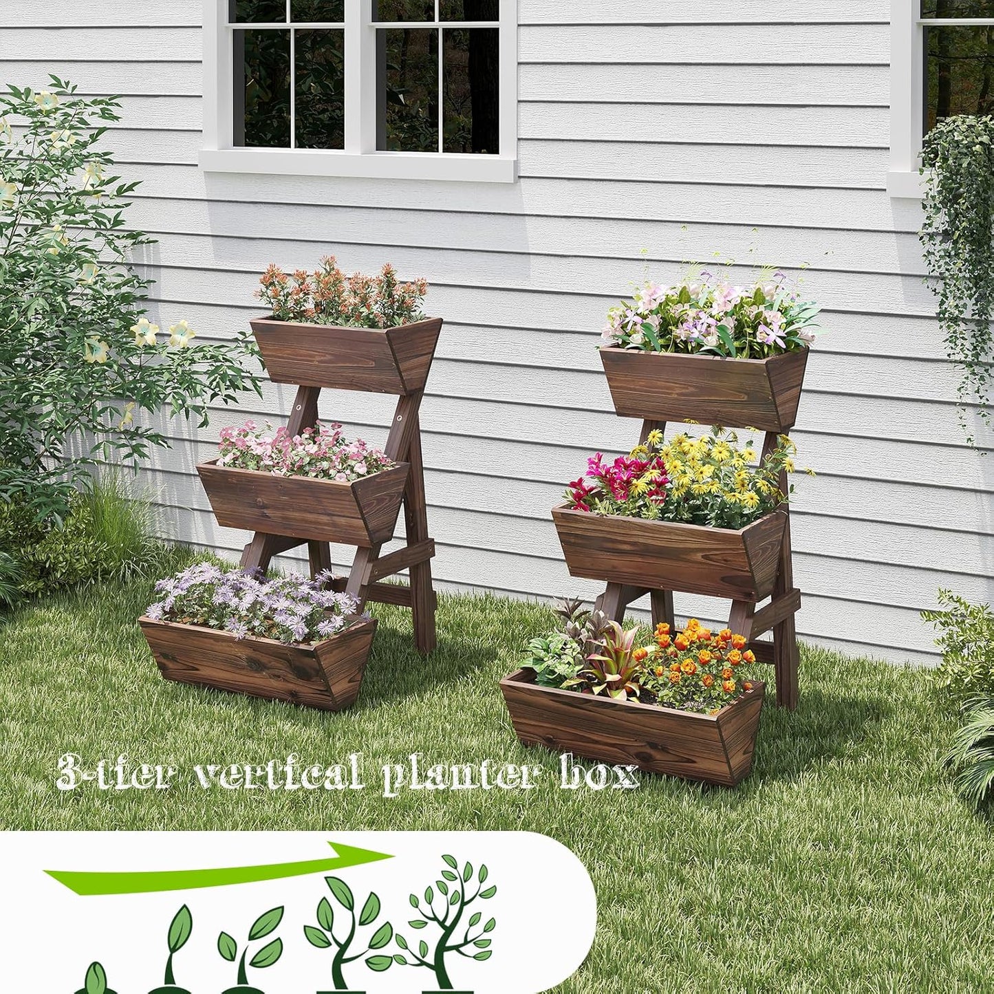 3-Tiers Wooden Raised Garden Bed Tiered Planter Box Vertical Garden Planter Wood Plant Stand for Patio, Balcony, Freestanding (Carbonized S)