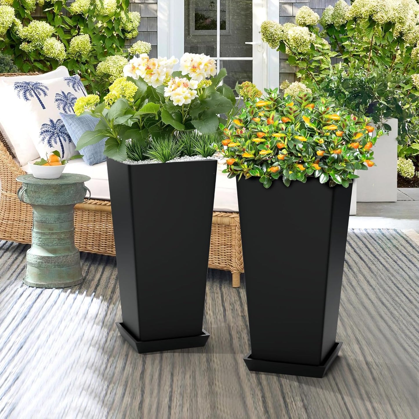 Set of 2 Large Tall Planter for Indoor or Outdoor 24" Flower Pots Tapered Tall Planters with Tray for Porch, Patio, Backyard, Large Planters for Outdoor Indoor Plants(Black)