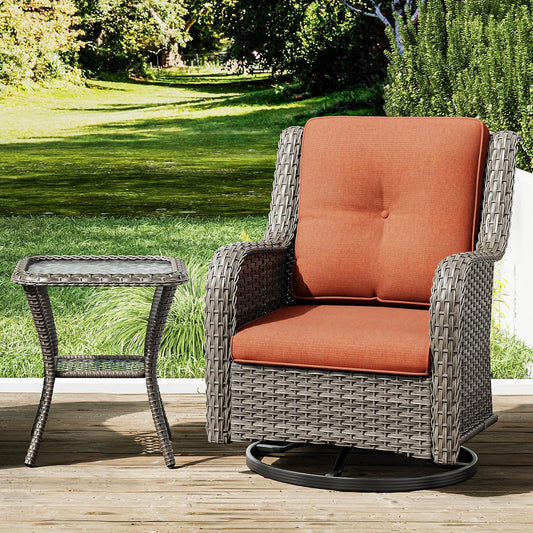 Joyside Outdoor Swivel Rocker Patio Chair and Matching Side Table - 2-Piece Wicker Patio Bistro Set with Premium Fabric Cushions (Brown Mixed with Grey/Orange)