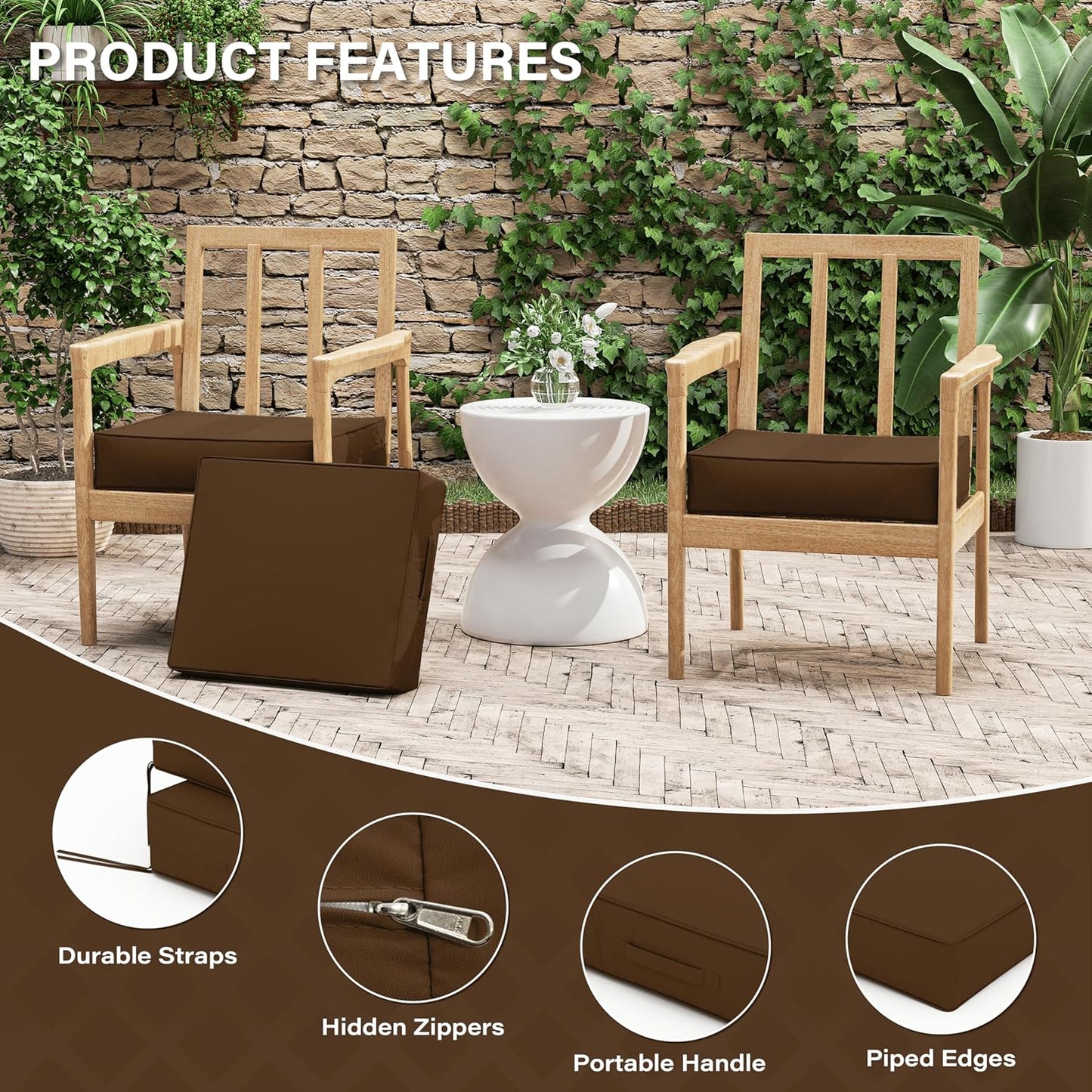 Patio Chair Cushions 18.5 X 16 X 4 Inch Waterproof Outdoor Seat Cushions for Patio Furniture, Outdoor Sofa Couch Pads with Ties & Handle, Set of 2, Chocolate