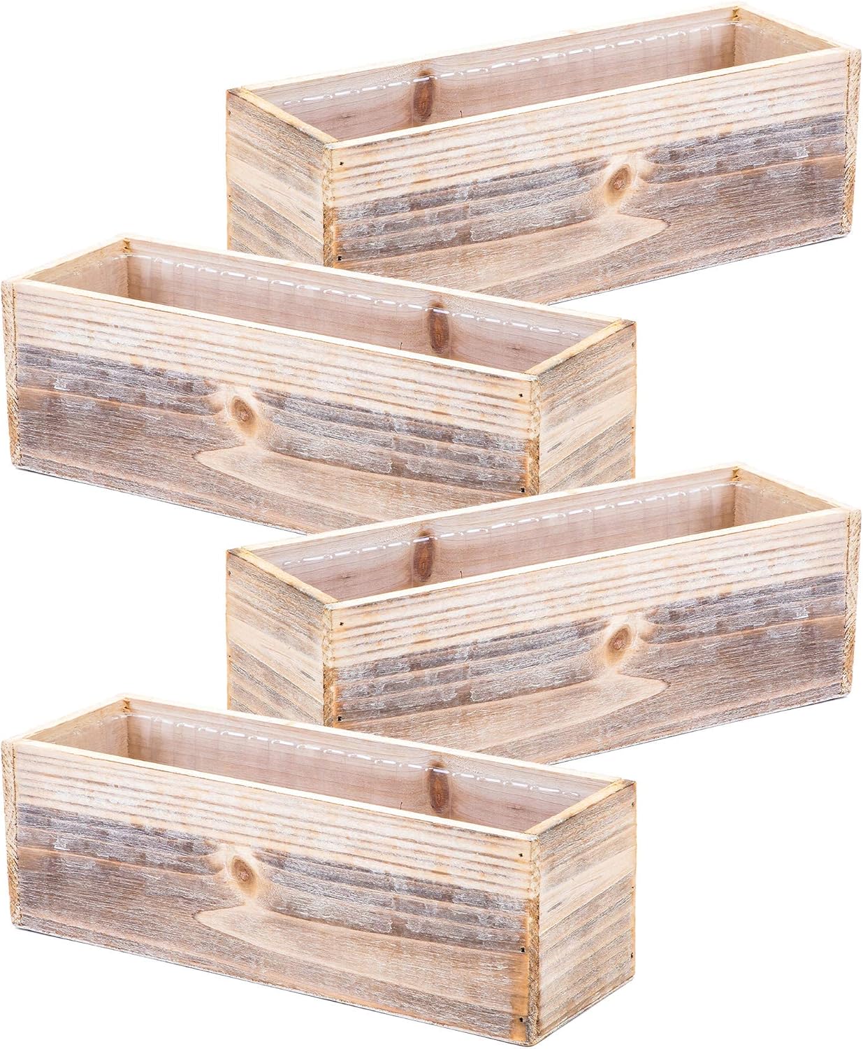 Wood Planter Box Set, Rustic Whitewash, Plastic Liner, 12x4 Inch Rectangular Flower Holder, Natural Wood Decor, Country Style, Home and Wedding Decorations, Garden Ornaments (Set of 4)