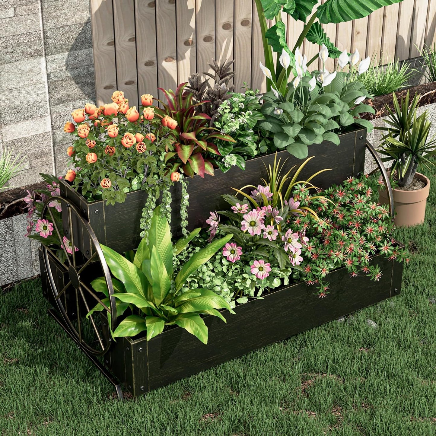 Metal Wagon Planter Box, 3-Tier Garden Planter with Wagon Wheels, Decorative Outdoor Planters for Flowers Herbs Vegetables, Flower Cart Small Raised Garden Bed for Patio, Balcony (Retro Gold)