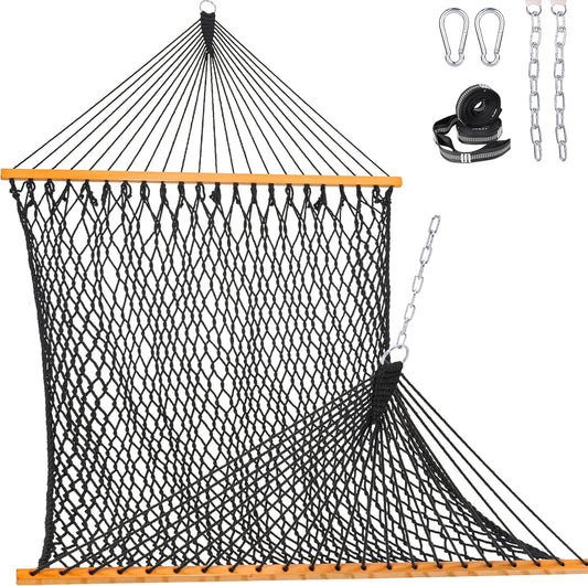 Lazy Daze Hammocks Double Rope Hammock, 2 Person Traditional Outdoor Hand Woven Cotton Rope Hammock with Spreader Bar, Chains, Tree Straps for Patio Yard - Max 450 Lbs, Dark Grey