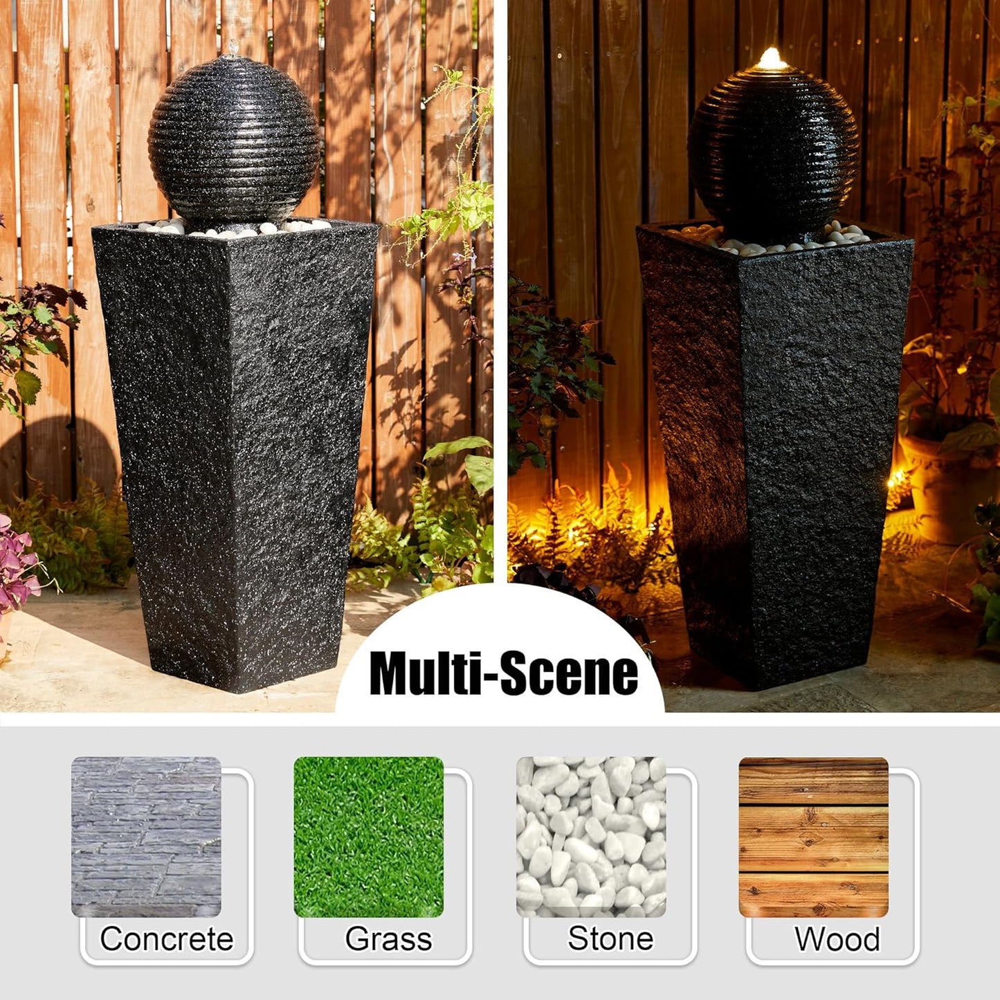 Glitzhome Outdoor Water Fountain with LED Light, Oversized Decorative Black Pedestal Water Fountains with Submersible Pump, Modern Sphere Floor Fountain with Pebbles for Garden Patio Decor, 40.75”H