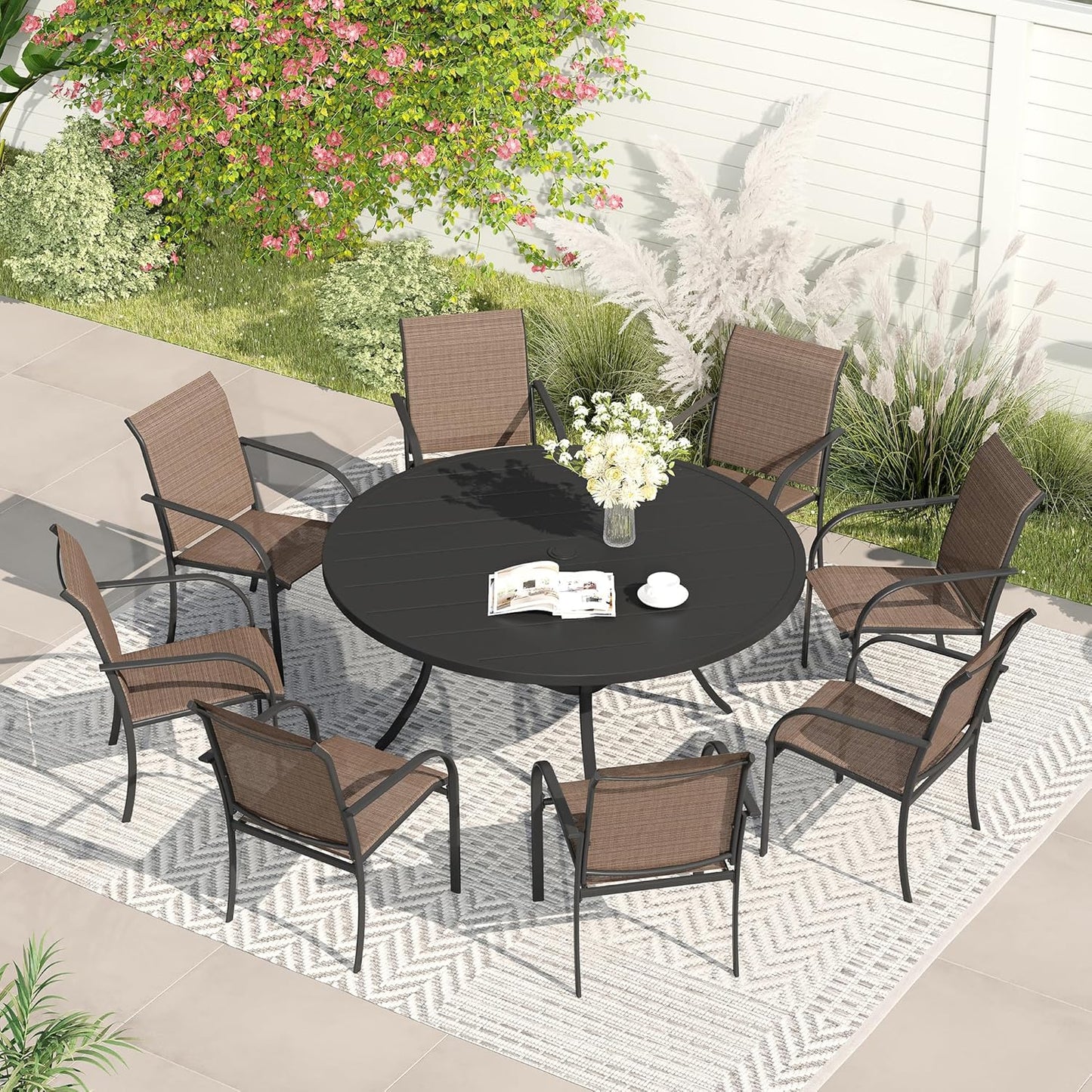 VICLLAX Patio Dining Set for 8, Outdoor Furniture Set Includes 53" Round Patio Table and 8 Patio Sling Chairs, Black Tabletop and Brown Fabric