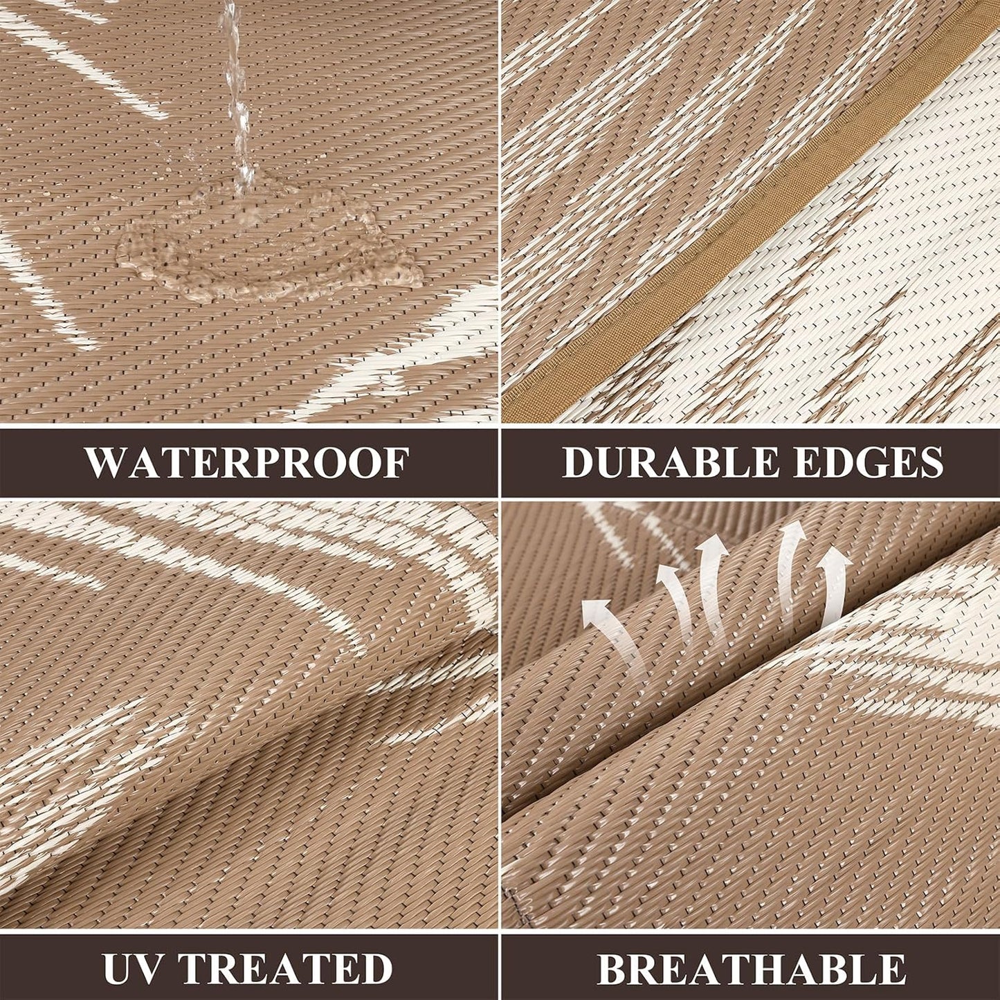 Pauwer Waterproof Outdoor Rug 10x14, Reversible Plastic Straw Patio Camping Rug, Indoor Outdoor RV Mat Carpet for Deck, Camper, Porch, Balcony, Backyard, Picnic, Leaf Brown