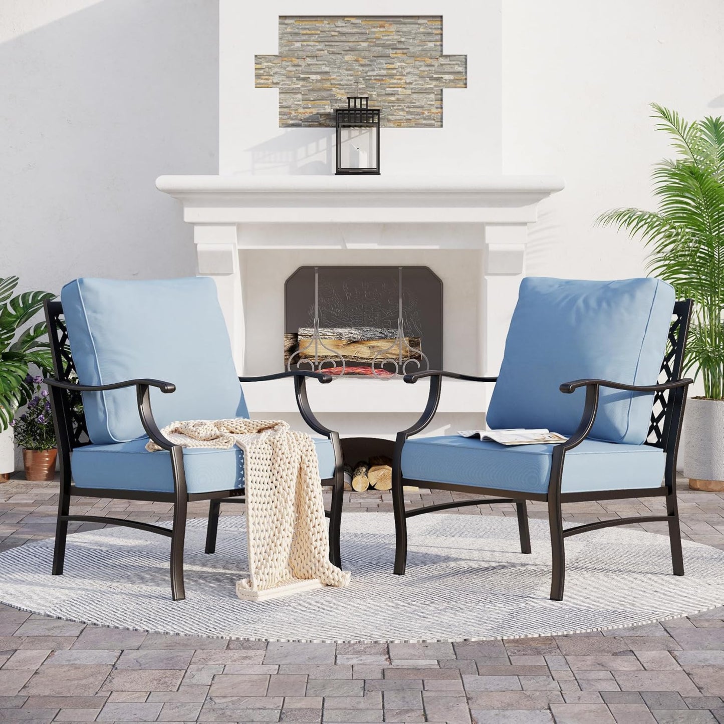 Metal Patio Chairs Set of 2 with 5.75" Extra Thick Cushion, 2 Pieces High Back Outdoor Patio Chairs All Weather Outdoor Furniture Seating for Deck Backyard Balcony Front Porch, Blue