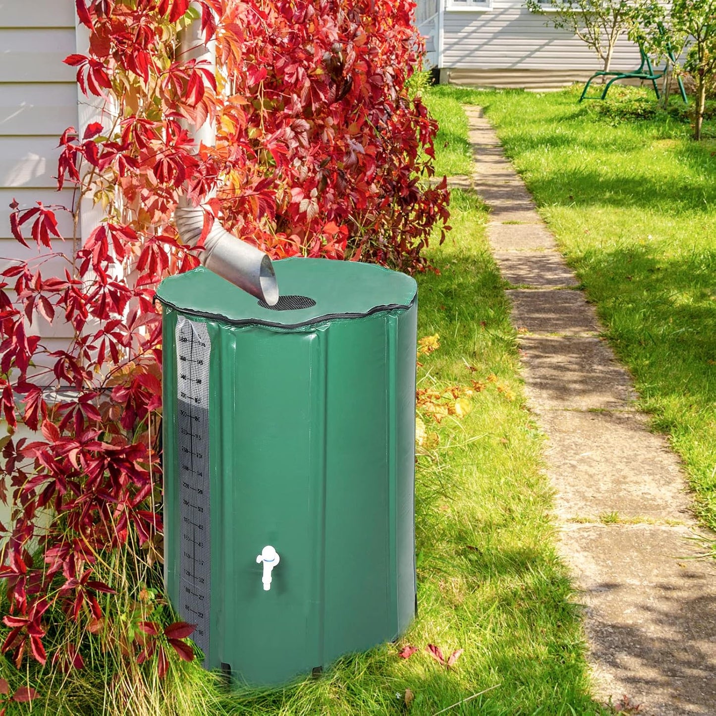 Collapsible Rain Barrel, 100 Gallon Portable Rainwater Collection System, Rain Catcher Barrel with Volume Scale Mark, Two Spigots and Overflow Kit, Rain Water Barrel Collector for Garden, Green