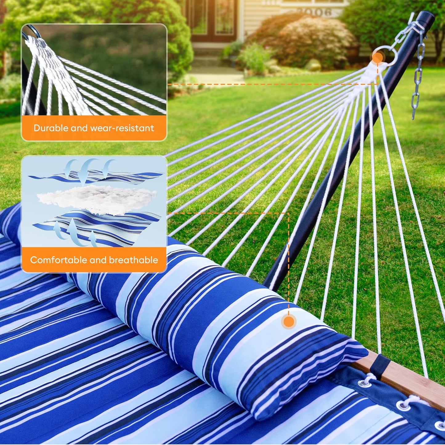 Double Hammock with Spreader Bar,Soft Pillow,Max Load 500lbs,Portable Hammock for Outdoor,Camping,and Backyard,Aqua Blue
